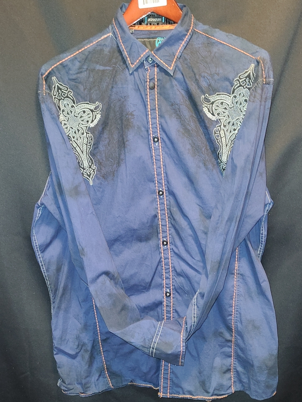 Roar Signature Charcoal Blue Embroidered Y2K Denim Western Shirt Mens Size XXL